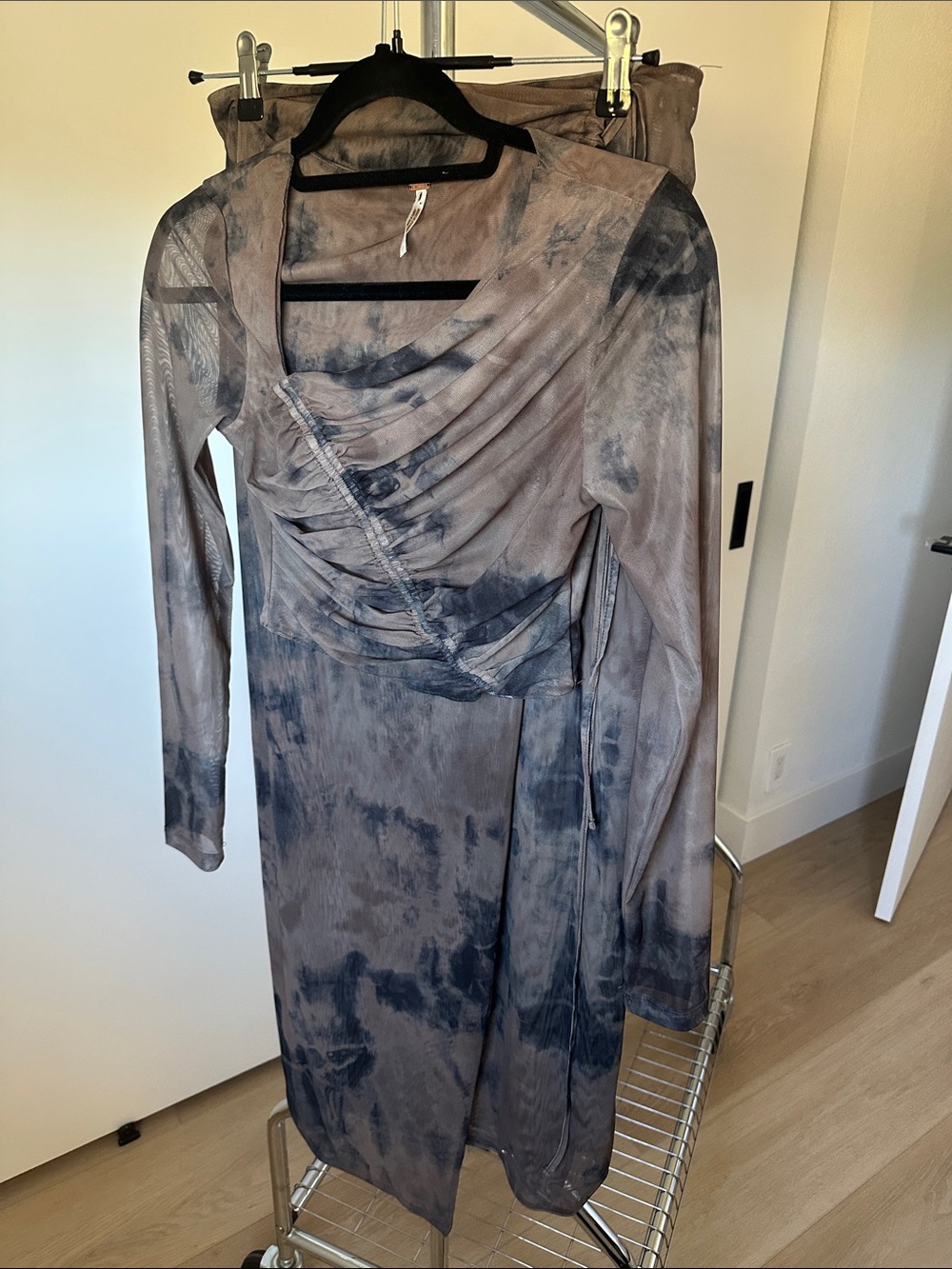 Free People brown/Black Tie-Dye Ruched Wrap Long Sleeve Midi Dress
